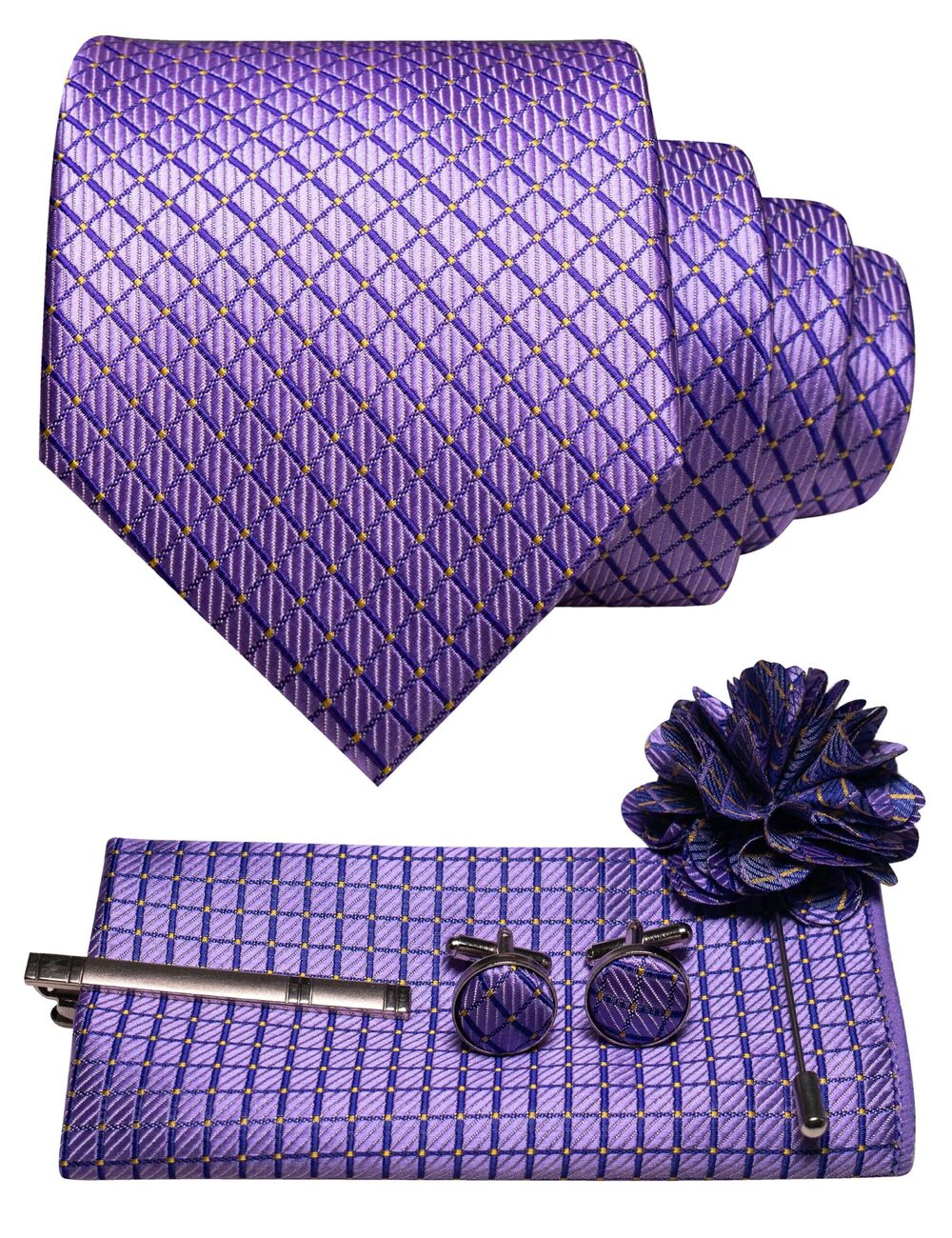 5494 Lavender Tie Necktie and Pocket Square with Lapel Pin,Cufflinks,Tie